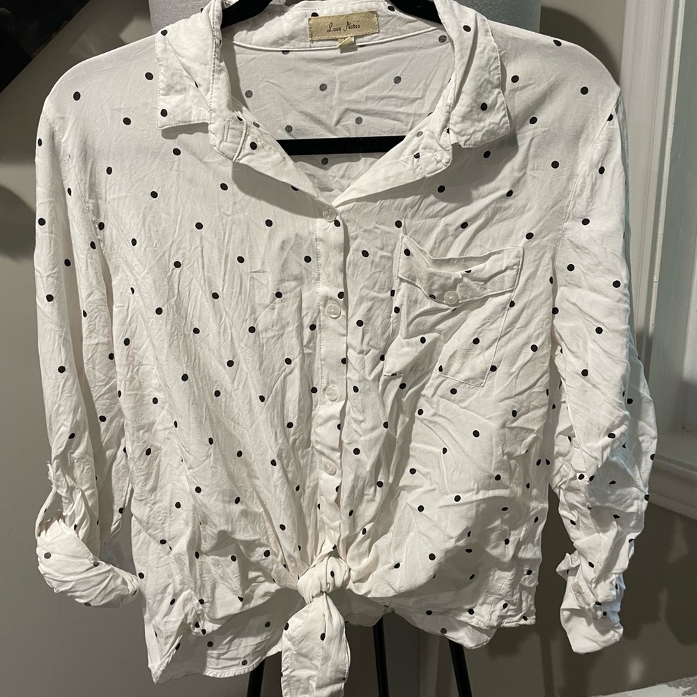 Black and white polka dot button up blouse. Size L